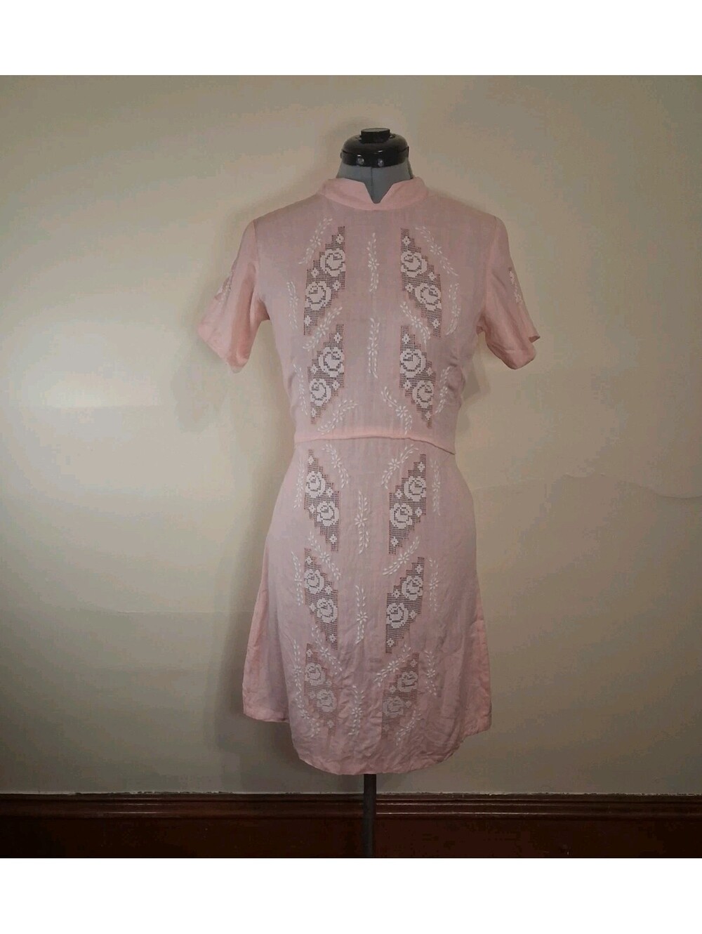 Vintage 60s Rose Pink Mock Neck Dress, Lace Panel Coquette Retro Mcm Floral Sm